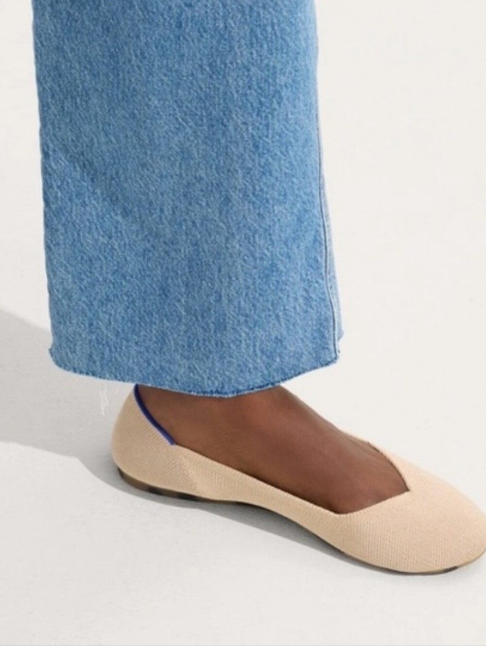 Rothy's Round Toe  Ballet Flat In Ecru  Blue Trim